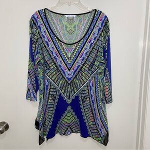 Peter Nygard Blue and White Graphic Tunic with 3/4 Sleeves